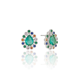 Brinco Gota Turmalina Borda Cravação Inglesa Colorida Banho Branco