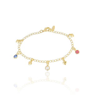 Pulseira Infantil Pontos de Luz Coloridos e Corações Lisos Banho Dourado