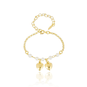 Pulseira Infantil Elo Português Perolas e Corações Banho Dourado
