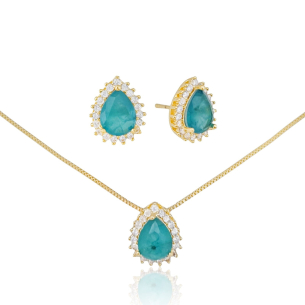 Conjunto Gota Turmalina Borda Cravejada Cristal Banho Dourado