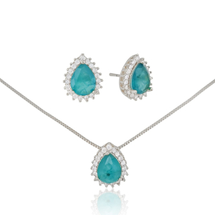 Conjunto Gota Turmalina Borda Cravejada Cristal Banho Branco