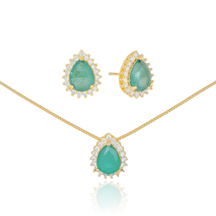 Conjunto Gota Green Fusion Borda Cravejada Cristal Banho Dourado