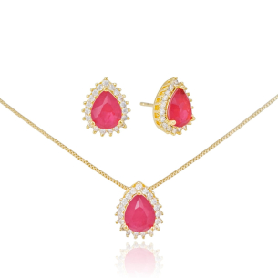Conjunto Gota Rubi Borda Cravejada Cristal Banho Dourado