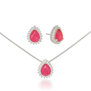 Conjunto Gota Rubi Borda Cravejada Cristal Banho Branco