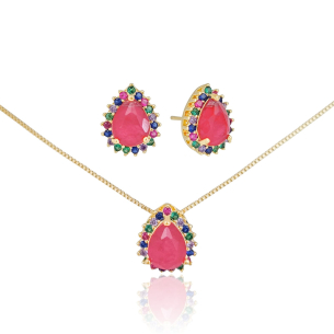 Conjunto Gota Rubi Borda Cravejada Colorida Banho Dourado