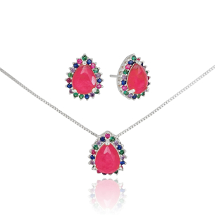 Conjunto Gota Rubi Borda Cravejada Colorida Banho Branco