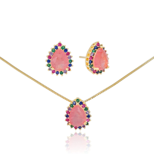 Conjunto Gota Safira Rosa Fusion Borda Cravejada Colorida Banho Dourado