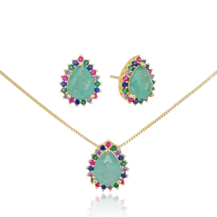 Conjunto Gota Green Fusion Borda Cravejada Colorida Banho Dourado