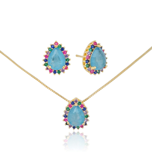 Conjunto Gota Topázio Azul Fusion Borda Cravejada Colorida Banho Dourado