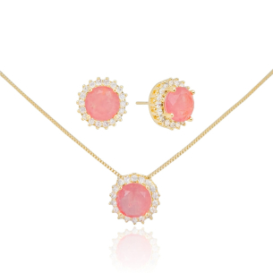 Conjunto Ponto de Luz Safira Rosa Fusion Redondo Borda Cravejada Cristal Banho Dourado