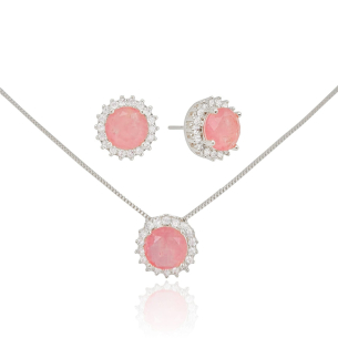 Conjunto Ponto de Luz Safira Rosa Fusion Redondo Borda Cravejada Cristal Banho Branco