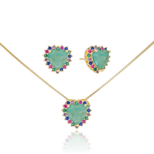 Conjunto Coração Green Fusion Borda Cravejada Colorida Banho Dourado