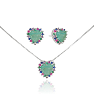 Conjunto Coração Green Fusion Borda Cravejada Colorida Banho Branco