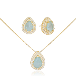 Conjunto Gota Blue Fusion Borda Dupla Cravejada Cristal Banho Dourado