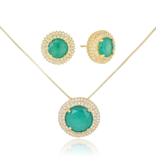 Conjunto Ponto de Luz Esmeralda Fusion Redondo Borda Dupla Cravejada Cristal Banho Dourado