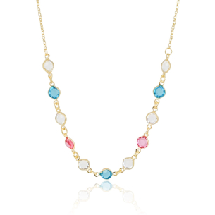 Gargantilha Elos Pontos de Luz Coloridos Banho Dourado