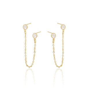 Ear Line Pontos de Luz Cristal Duplo Corrente Banho Dourado