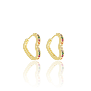 Brinco Argola Coração Cravejado Colorido Banho Dourado