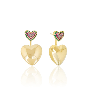 Ear Jacket Coração Micro Cravejado Colorido e Liso Banho Dourado