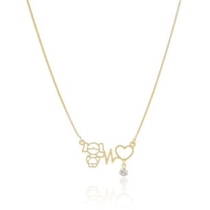 Gargantilha Veneziana Pingente Menina Vazado Ponto de Luz Cristal Banho Dourado