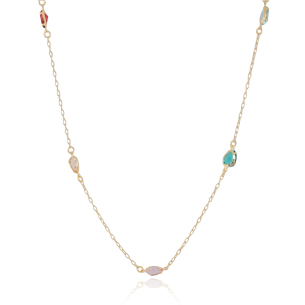 Gargantilha Elos Gotas Coloridas Banho Dourado