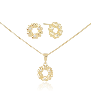 Conjunto Infantil Pingente Redondo Corações Cravejado Cristal Banho Dourado