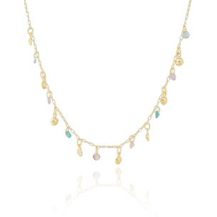 Choker Elos Pontos de Luz Coloridos e Plaquinhas Redondas Banho Dourado