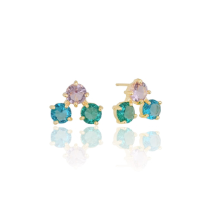 Brinco Três Pontos de Luz Coloridos Banho Dourado