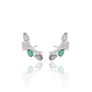 Ear Cuff Gotas Coloridas e Pontos de Luz Cristal Banho Branco