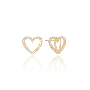 Brinco Coração Duplo Cravejado Cristal e Liso Banho Dourado