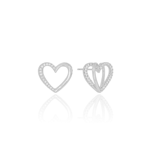 Brinco Coração Duplo Cravejado Cristal e Liso Banho Branco