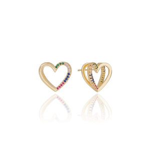 Brinco Coração Duplo Cravejado Colorido e Liso Banho Dourado