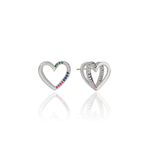 Brinco Coração Duplo Cravejado Colorido e Liso Banho Branco