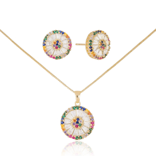 Conjunto Pizza Multicolor Cravejado Baguetes Zircônias Cristal Banho Dourado