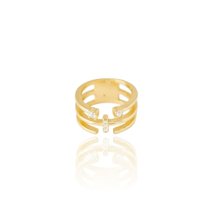 Anel Três Filetes Detalhes Cravejados Cristal Tamanho 17 Banho Dourado