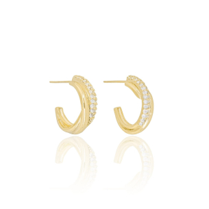 Brinco Meia Argola Entrelaçada Cravejada Cristal e Lisa Banho Dourado