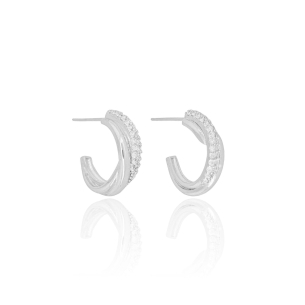 Brinco Meia Argola Entrelaçada Cravejada Cristal e Lisa Banho Branco