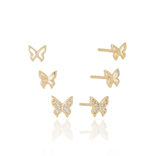 Trio Borboletas Cravejada, Lisa e Vazada Banho Dourado