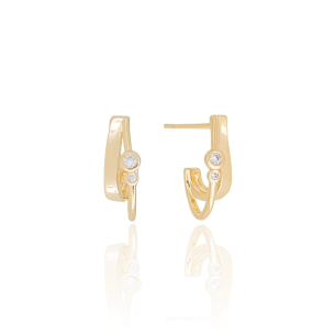 Brinco Meia Argola Oval Filetes Liso e Cravejado Cristal Banho Dourado