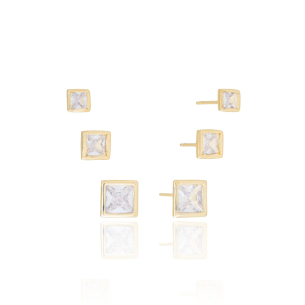 Trio Quadrados Cristal Borda Lisa Banho Dourado