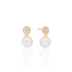 Brinco Perola Base Redonda Cravejada Cristal Banho Dourado