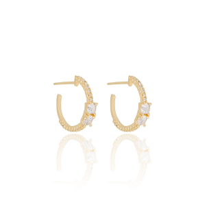 Brinco Argola Cravejada Dois Pontos de Luz Cristal Banho Dourado