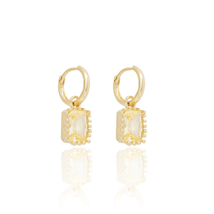 Brinco Argola Pingente Zirconia Retangular Citrino Banho Dourado