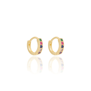 Argola Cravejada Colorida Borda Riscada Banho Dourado