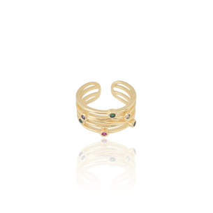 Anel Ajustavel Quatro Filetes Pontos de Luz Coloridos Tamanho M Banho Dourado