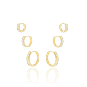 Trio Argolas Cravejadas Cristal Banho Dourado