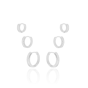 Trio Argolas Cravejadas Cristal Banho Branco