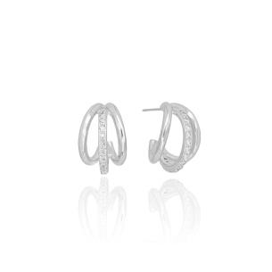 Brinco Meia Argola Três Filetes Lisos Cravejado Cristal Banho Branco