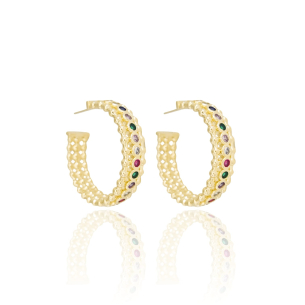 Brinco Argola Cravejada Colorida Bolinhas Banho Dourado