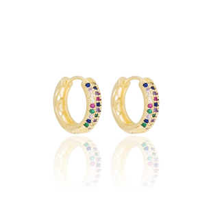 Brinco Argola Três Filetes Zirconias Cravejadas Coloridas Tamanho G Banho Dourado